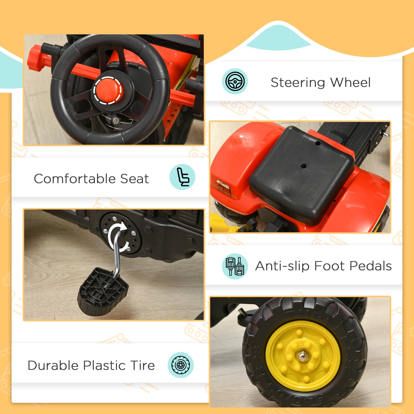 3 In1 Kids Ride On Excavator/Bulldozer, Pedal Car Digger Toy Move Forward/Back With 6 Wheels And Detachable Cargo Trailer