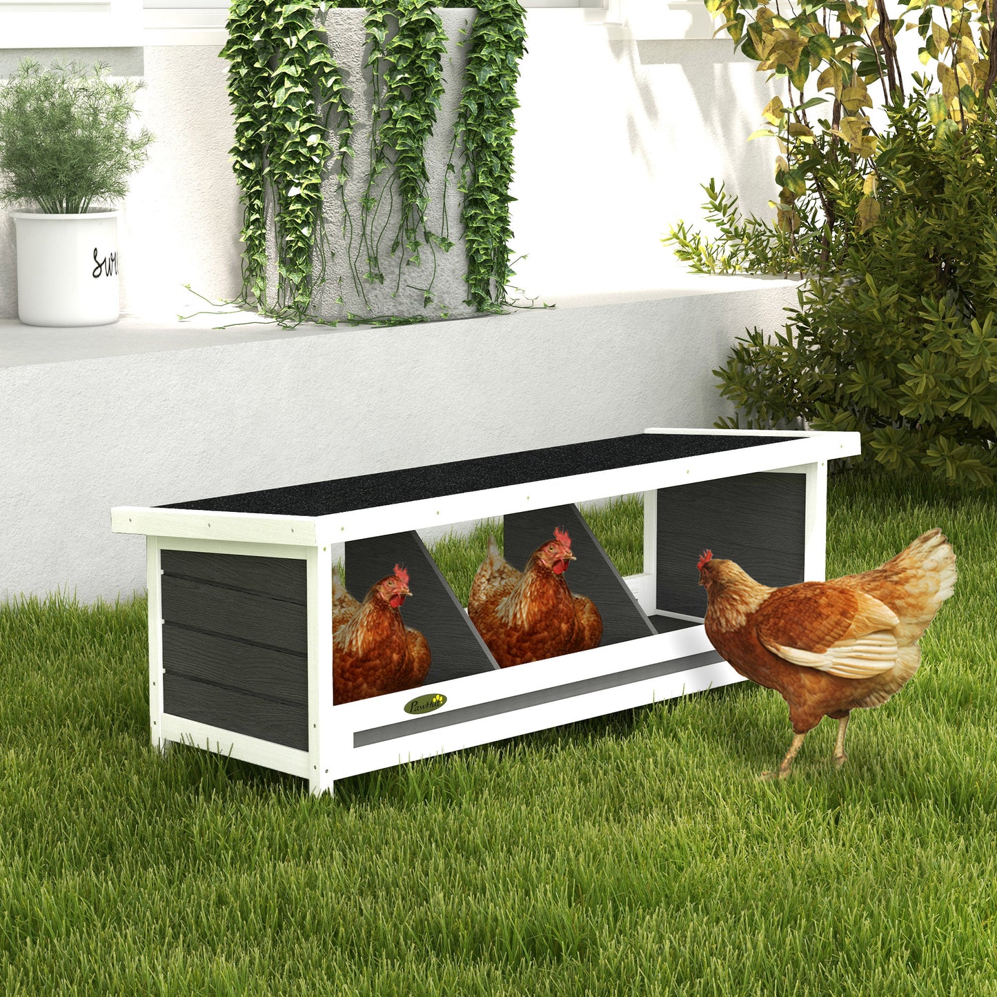 PawHut Wood Chicken Nesting Box, 3 Hole Chicken Boxes For Laying Eggs, Chicken Coop Nesting Box With Asphalt Roof For Indoor Or Outdoor, Fits Up To 3 Hens, Gray