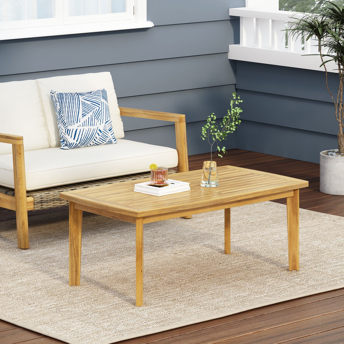 Outdoor Acacia Wood Rectangular Coffee Table, Teak, 43.25 W X 23.50 D X 17.00 H