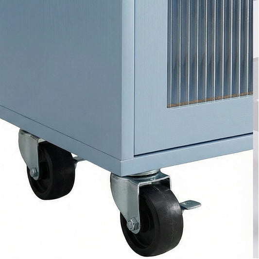 Kitchen Island On Wheels With Extended Table MDF Rolling Kitchen Storage Cart With LED Light Power Outlets 2 Fluted Glass Doors Side 3 Open Shelves Blue US Plug