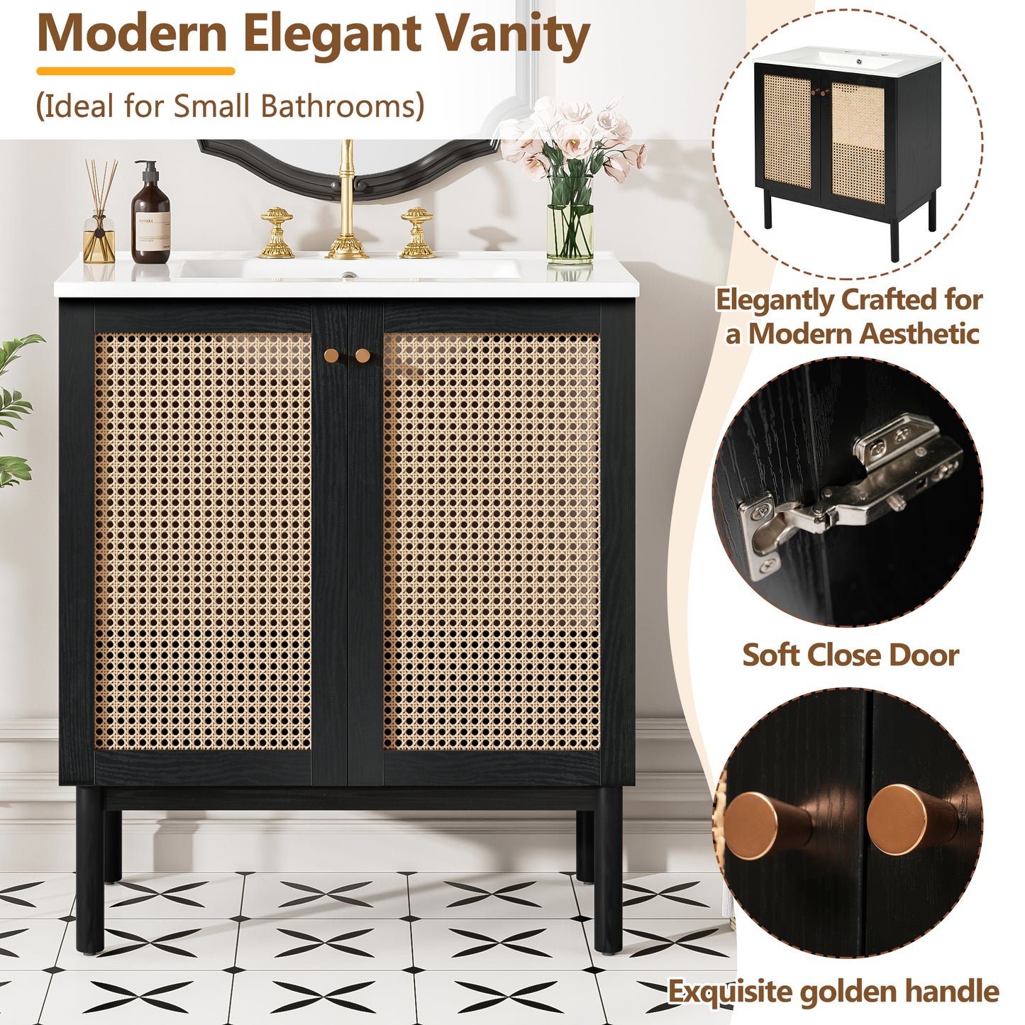 30-inch Bathroom Vanity Crafted From Natural Materials, Featuring Handmade Rattan Doors And Soft-closing Mechanisms