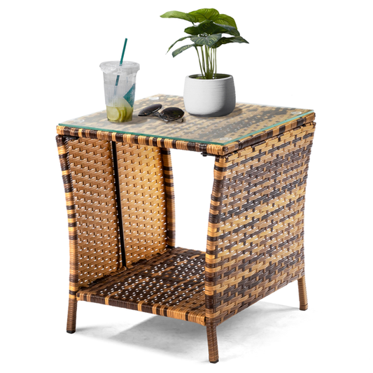 Glass Surface Yellow Gradient Iron Frame Rattan Side Table
