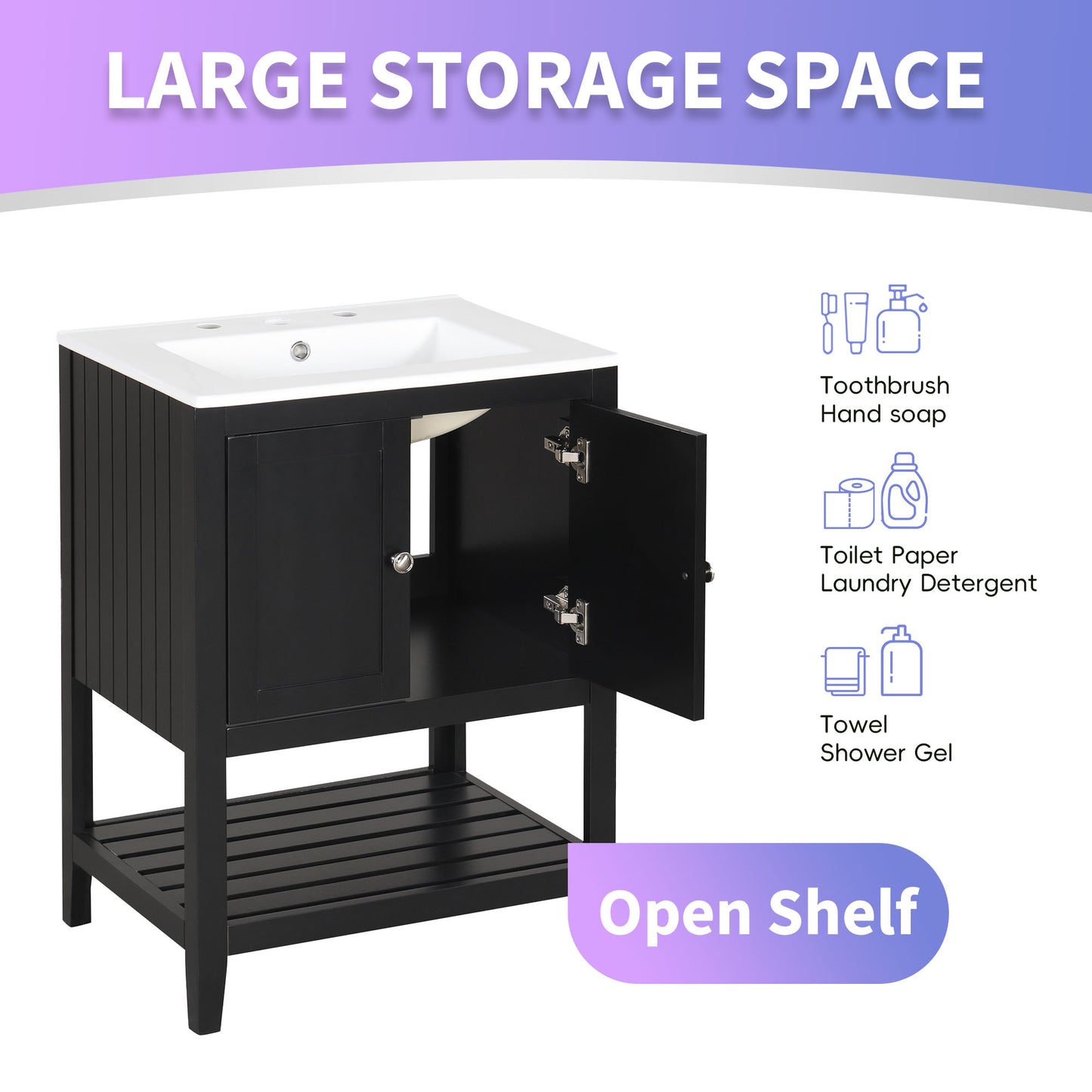 24  Black Modern Sleek Bathroom Vanity Elegant Ceramic Sink With Solid Wood Frame Open Style Shelf