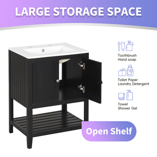 24  Black Modern Sleek Bathroom Vanity Elegant Ceramic Sink With Solid Wood Frame Open Style Shelf