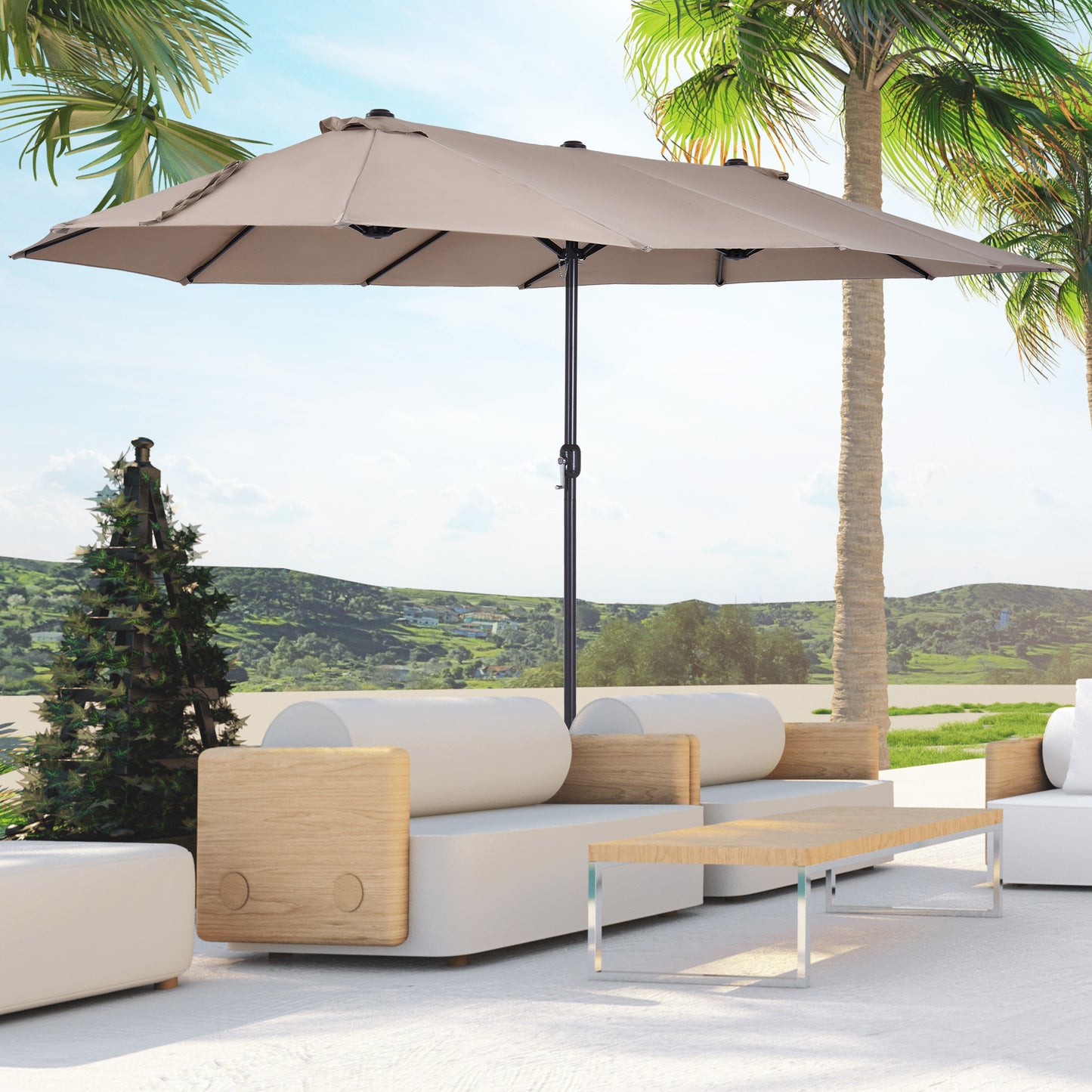 Patio Umbrella 15ft Double-Sided Outdoor Market Extra Large Umbrella With Crank Handle For Deck, Lawn, Backyard And Pool, Tan