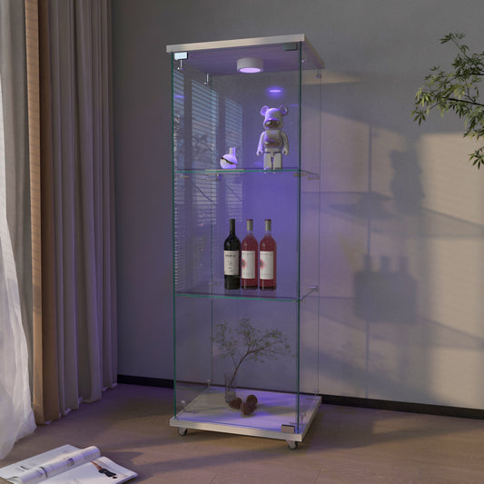Modern Glass Display Cabinet With LED Lights, Quick-assembly Antique Cabinet, Tempered Glass Bookshelf, Suitable For Living Room And Bedrooms, 1-door 3-shelf, White