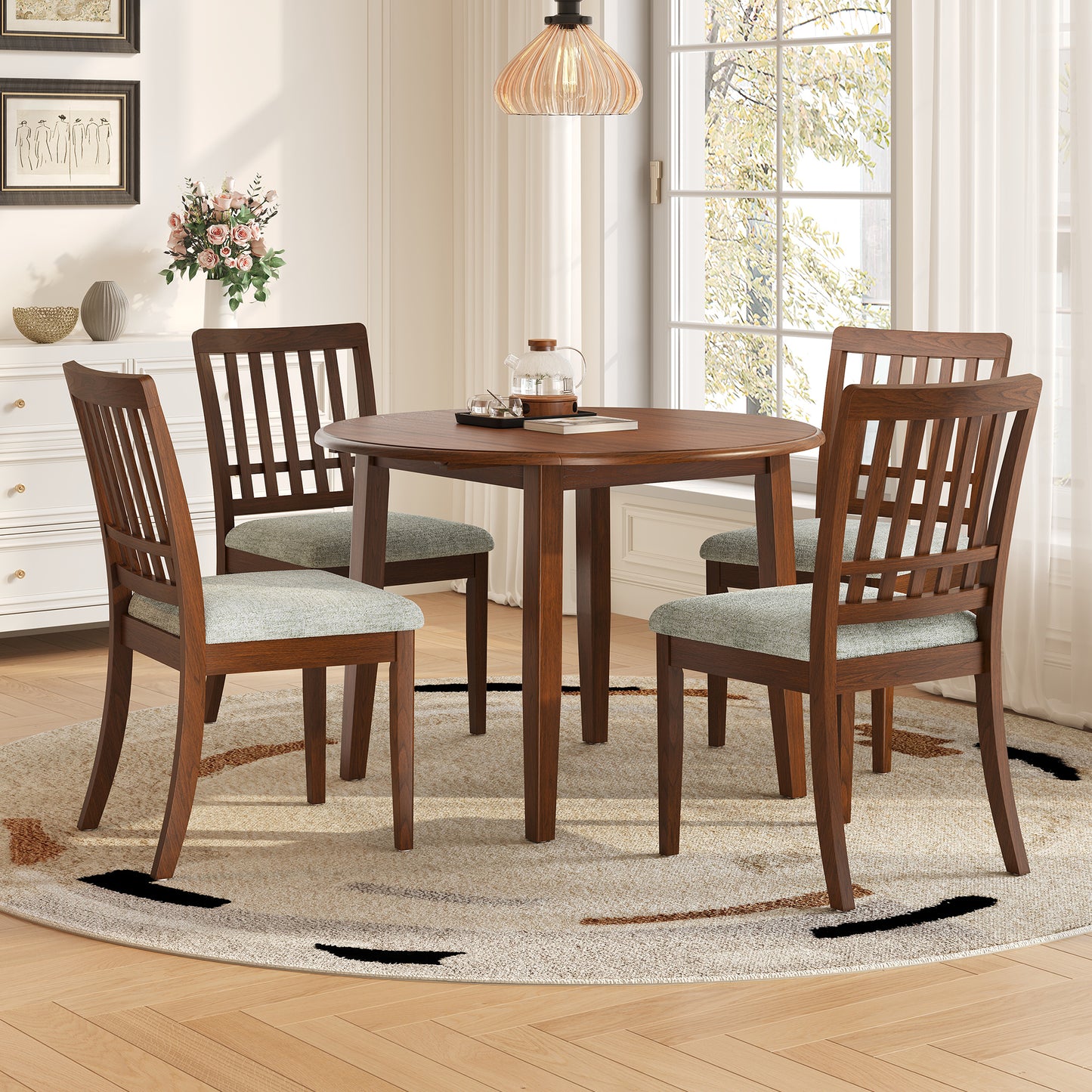 5-Piece Round Dining Table Set For 4 People, 1 Folding Wood Dining Table   4 Upholstered Chairs, Space-Saving Design For Small Apartments And Dining Areas - BROWN
