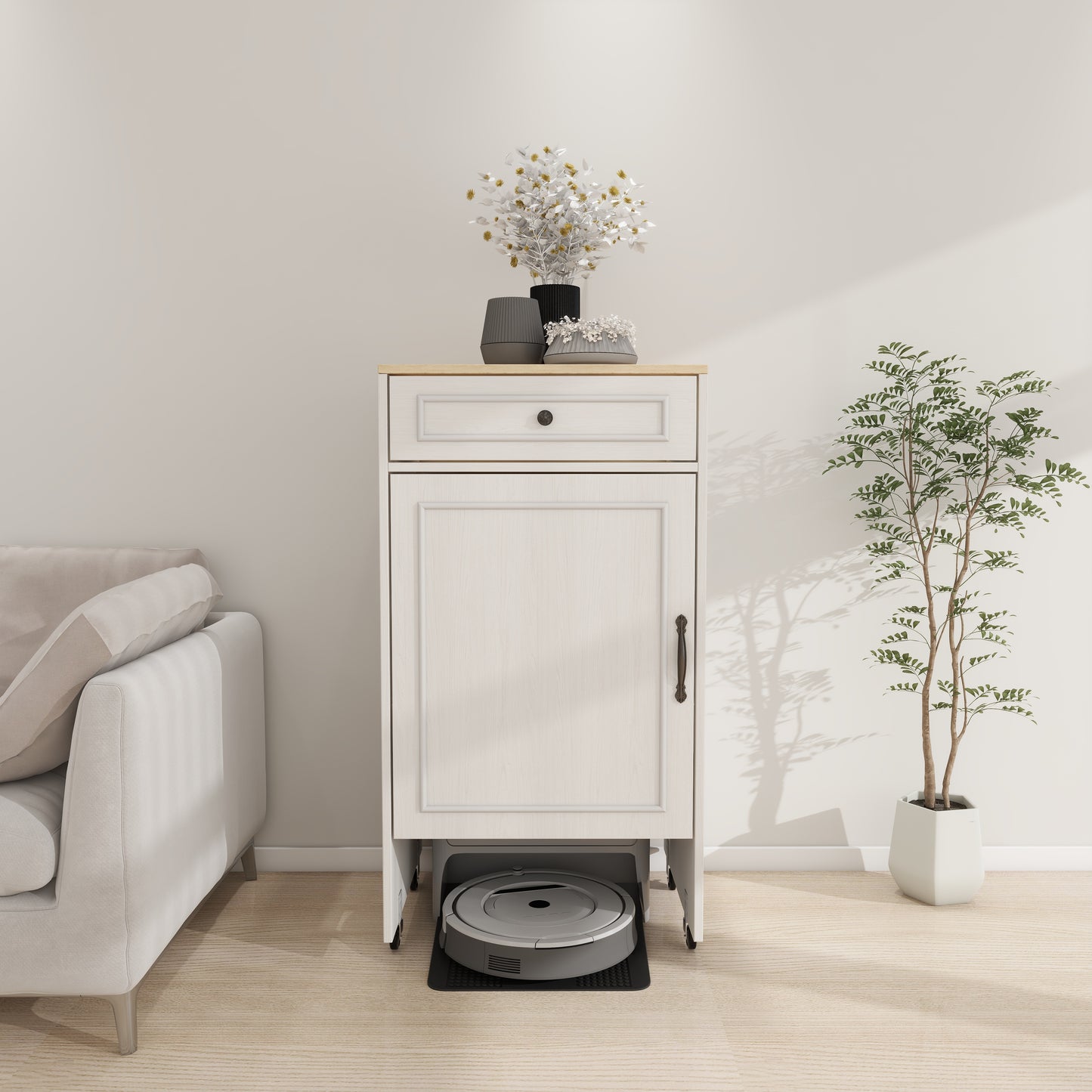 Robot Vacuum Stand Cabinet With Wheels, Sweeping Robot Storage Rack With Doors And Drawers, Side Table For Living Room, Home Office, Kitchen-Antique White