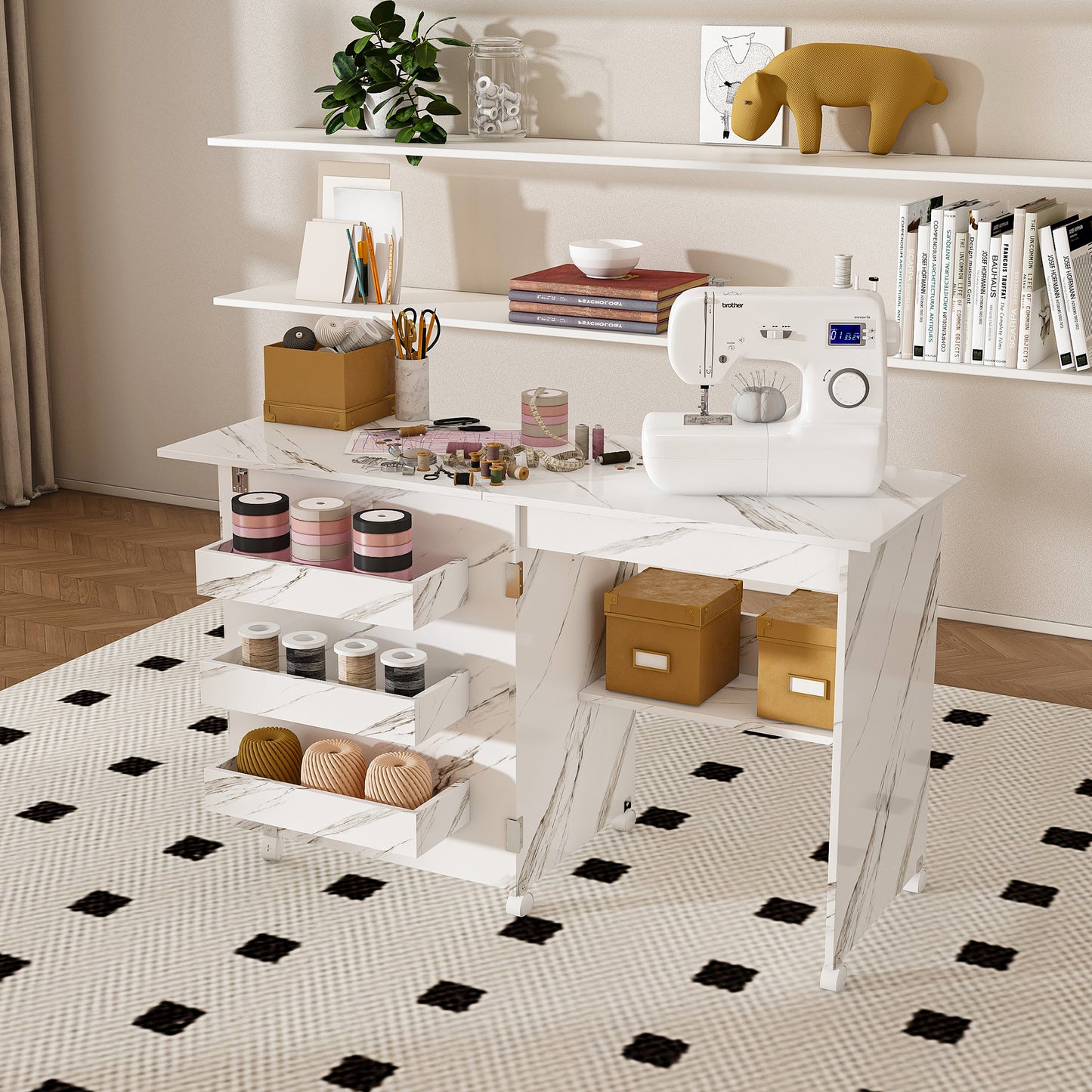 4-in-1 Folding Sewing Table With Lockable Wheels - Multi-Functional Craft Station  End Table  Computer Desk & Kitchen Storage With Shelves  White Rolling Sewing Machine Table For Apartments