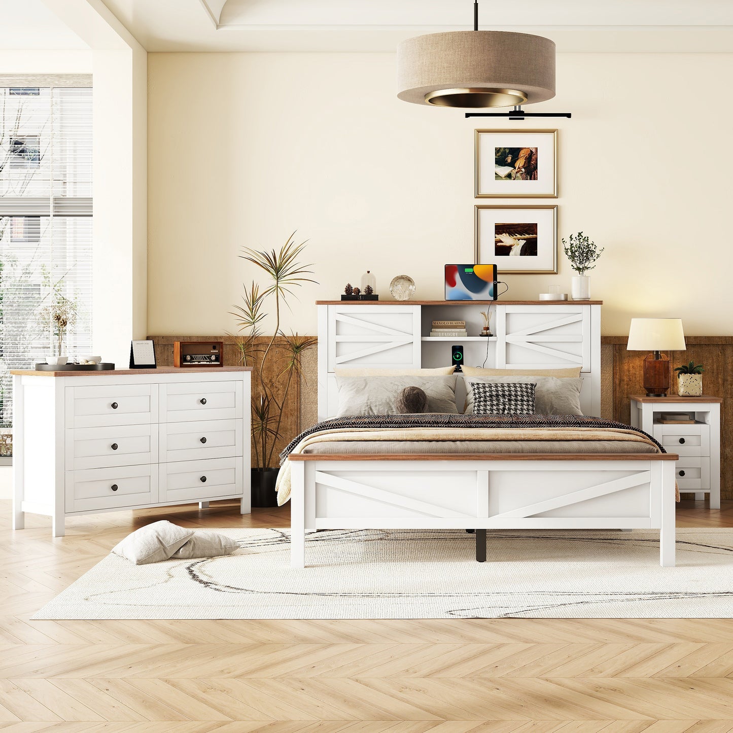 3-Pieces Bedroom Sets Queen Size  Farmhouse Platform Bed With Double Sliding Door Storage Headboard, Storage Nightstand And Dresser, White Brown Old SKU HL000092AAK