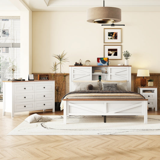 3-Pieces Bedroom Sets Queen Size  Farmhouse Platform Bed With Double Sliding Door Storage Headboard, Storage Nightstand And Dresser, White Brown Old SKU HL000092AAK
