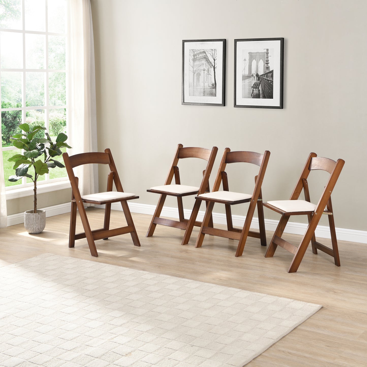 Upholstered Folding  Chair, Space Saving, Easy To Carry, 4PCS, Walnut Shelf Beige Cushion,Dining Room