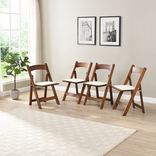 Upholstered Folding  Chair, Space Saving, Easy To Carry, 4PCS, Walnut Shelf Beige Cushion,Dining Room