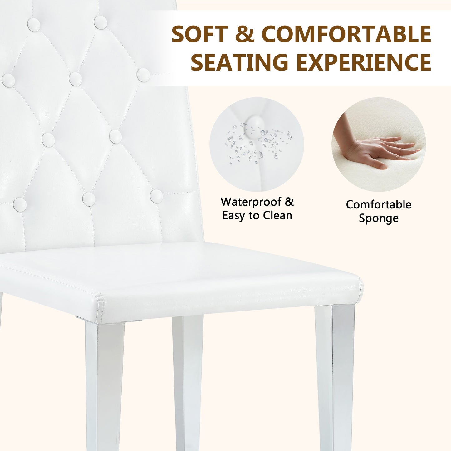 2-pack White PU Dining Chairs Ergonomic Buckle Backrest, 35 Inches High, Silver Metal Legs,Combines Comfort And Texture.Perfectly Suitable For Family Dining Rooms,hotel Banquet Halls,etc.