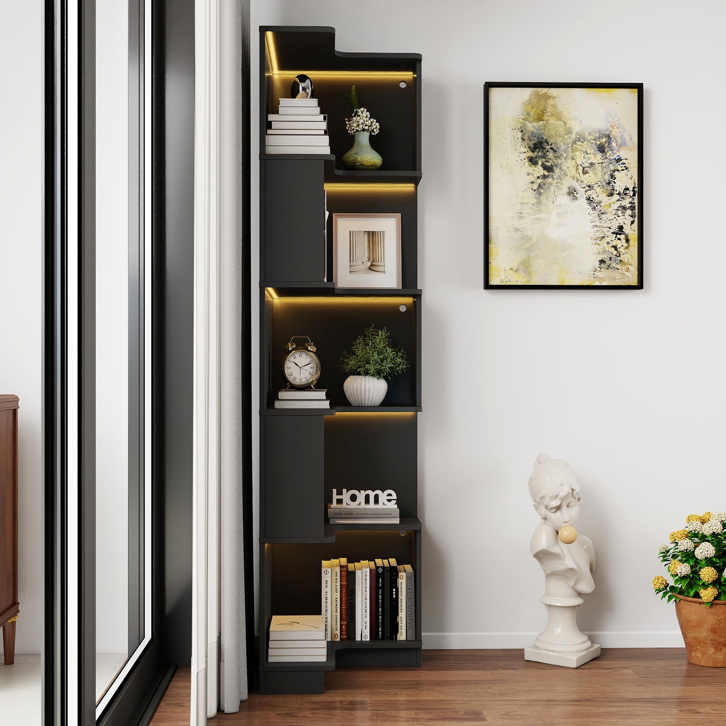 Corner Book Shelf - 5 Tier Corner Bookshelf  Bookcase With Baffle, Freestanding L Shaped Display Shelf Stand With Led Lights For Home Office, Living Room, Bedroom, Kitchen