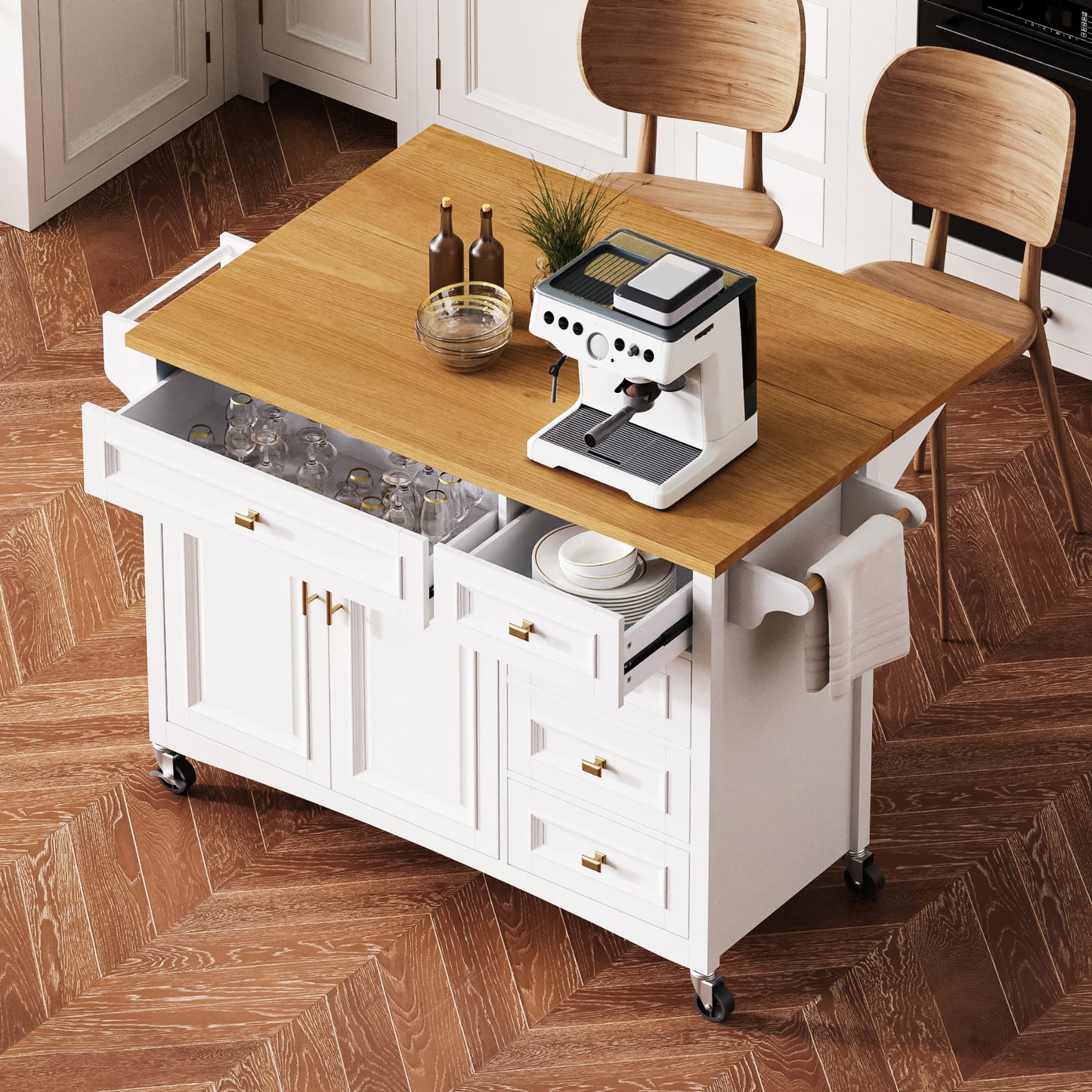 K&K 52  Kitchen Island With Drop Leaf, Embossed Texture Kitchen Island On Wheels With Spice Rack, Towel Rack, 2 Doors And 5 Drawers, Kitchen Storage Cart With Adjustable Shelf For Kitchen, White