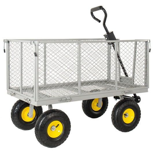 4-in-1 Oversized Steel Dump Garden Cart 880lbs Pullable Mesh Metal Garden Cart All- Terrain Utility Cart With Removable Liner & Side Panels & Mesh Tray For Outdoor Lawn Patio And Landscaping Gray