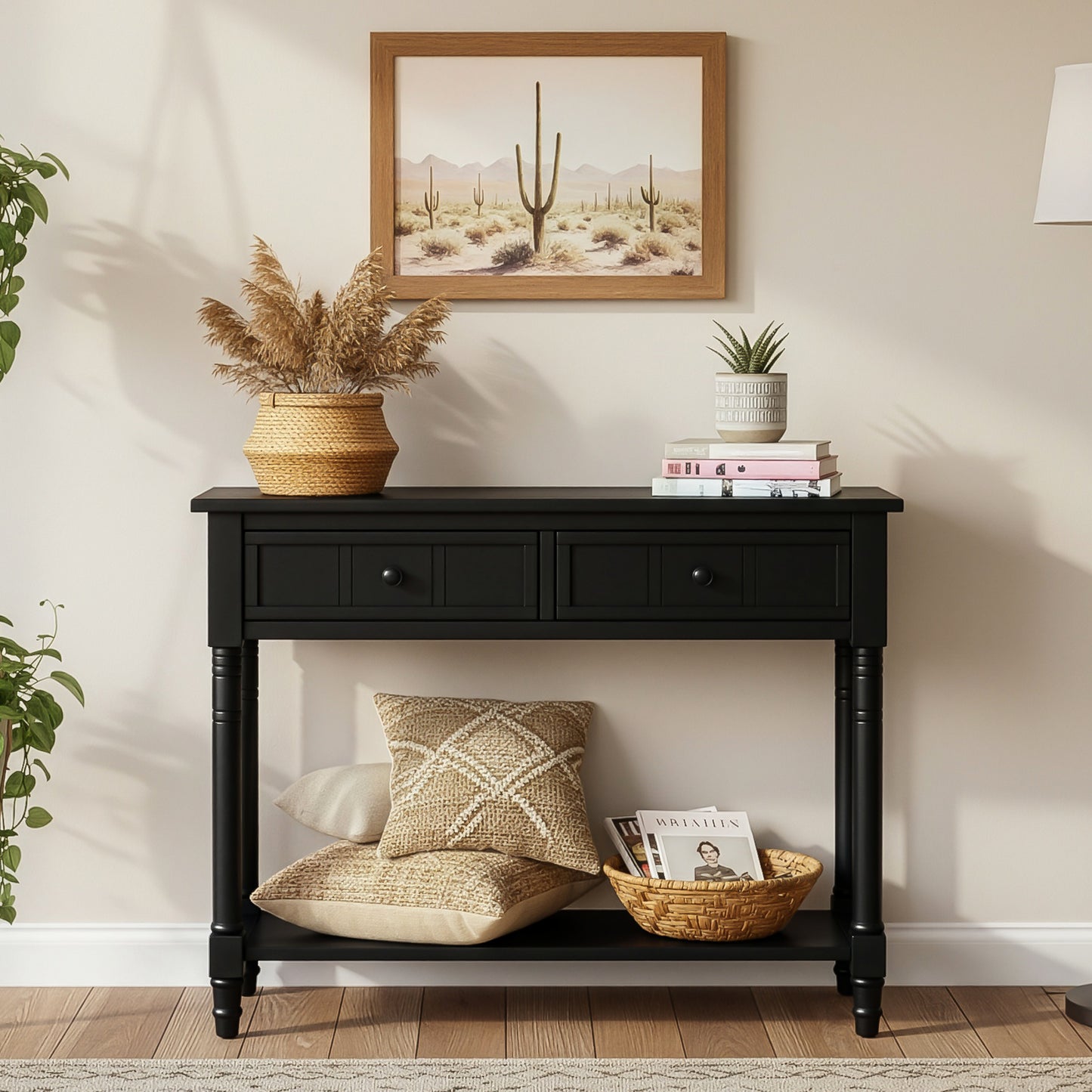 TREXM Daisy Series Console Table Traditional Design With Two Drawers And Bottom Shelf  Black