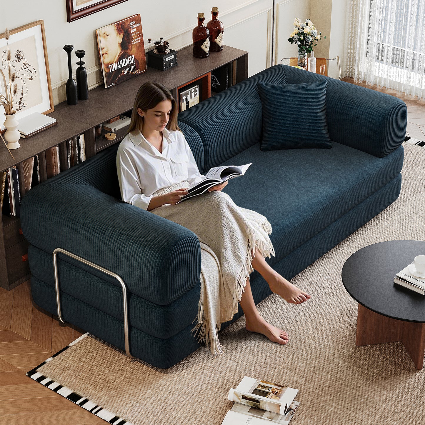 78.8 Compression Sofa,Convertible Floor Sofa Bed-with Pillow Back Support Armrest,Comfy Futon Couch Sleeper Bed,Loveseats Boneless Modular Sectional Sofa,Corduroy Fabric,for Living Room,Bedroom,Blue