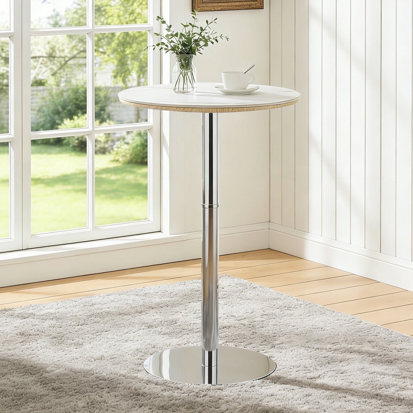 Rock Slab Circular Tabletop Non Adjustable  39 Inches High  Bar Table, Bar Table With Silver Legs And Base  White
