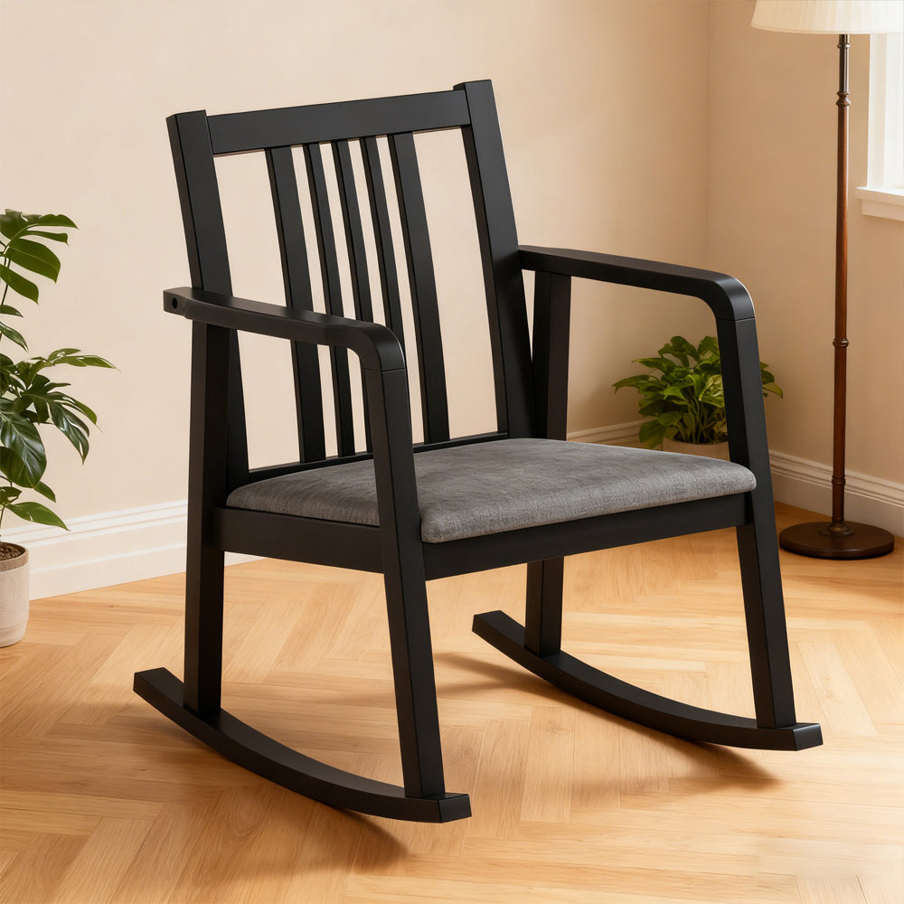 Rocking Chair With Slatted Back And Curved Armrests Rubberwood For Living Room, Bedroom, Study, Balcony Or Covered Patio