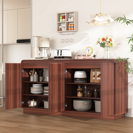 Walnut 4-Door Fluted TV Stand With Power Outlet, Handleless Wave Design Entertainment Center, Adjustable 3-Tier Particle Board Storage Cabinet, Multi-Functional Media Console & Buffet Sideboard
