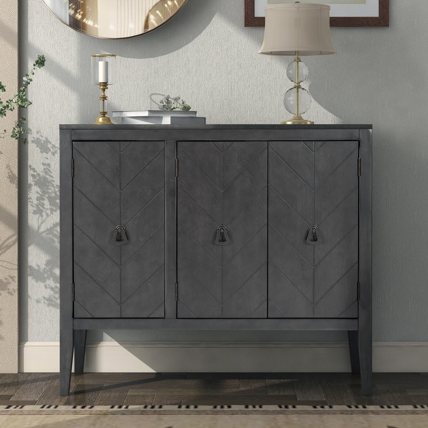 U-STYLE Adjustable Shelf Storage Sideboard With 3 Retro Metal Handles And 4 Pinewood Legs  For Entryway  Living Room  Study Room  Dining Room