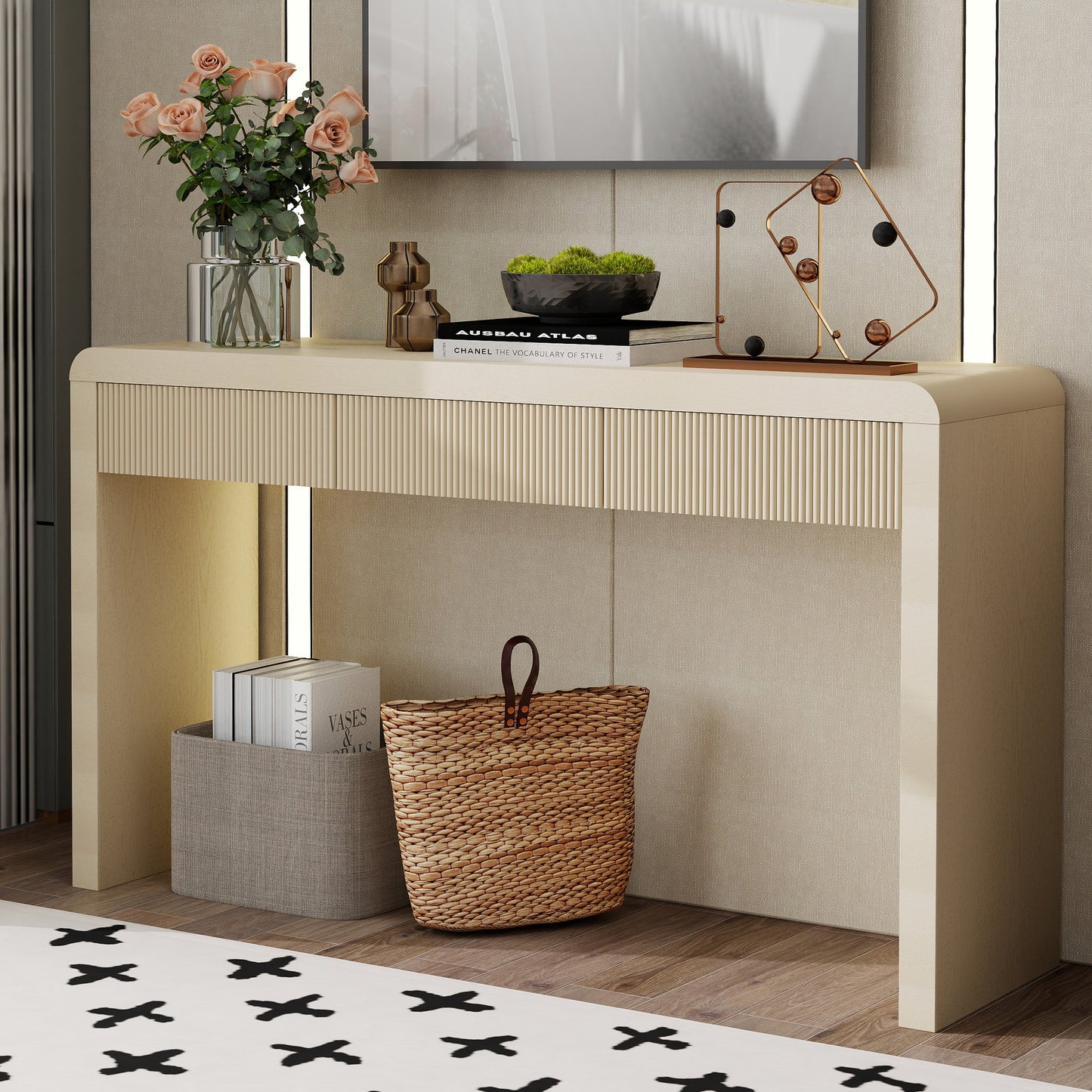 TREXM Rustic Console Table With 3 Fluted Drawers - Solid Wood Veneer Entryway Table Featuring Natural Wood Grain For Living Room  Hallway  Apricot