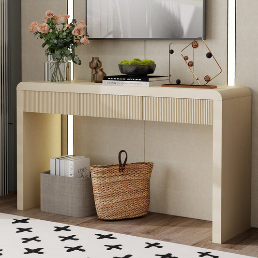 TREXM Rustic Console Table With 3 Fluted Drawers - Solid Wood Veneer Entryway Table Featuring Natural Wood Grain For Living Room  Hallway  Apricot