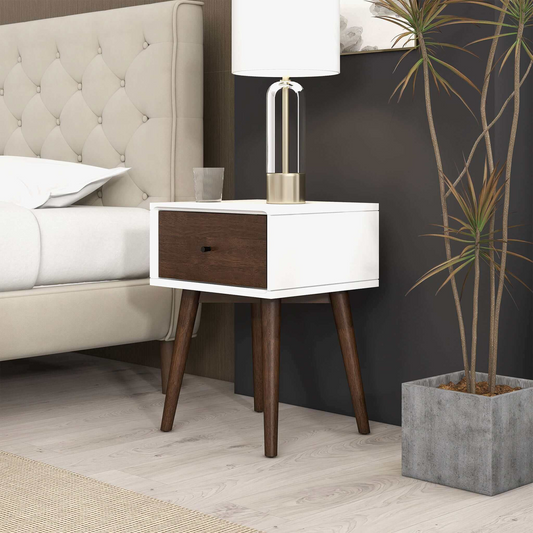 Avery Mid-Century Modern Solid Wood Night Stand 1 Drawer Dark Brown White 22.5  H X 17.5  W X 16  D For Bedroom, Hallway, Entryway, Closet