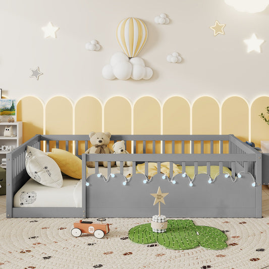 Full Montessori Floor Bed Frame With High Rails, Wood Kids Floor Beds With Light And Storage Shelf, GrayExpect Arrival Date 2025 8 15