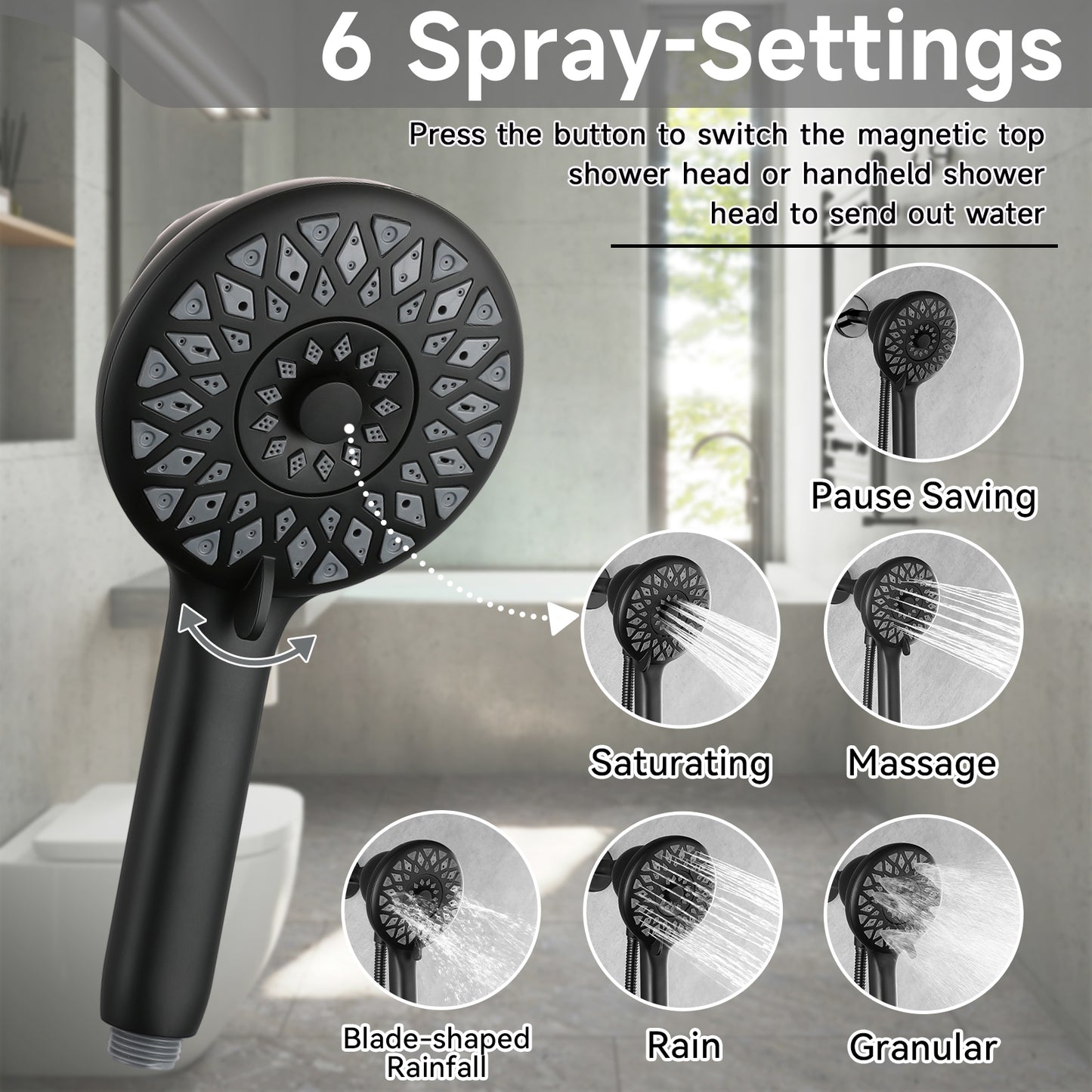 High Pressure Shower Heads 6 Spray Mode, Magnetic Shower Head For Bathroom, Matte Black Handheld Shower With 60 Inch Stainless Steel Hose