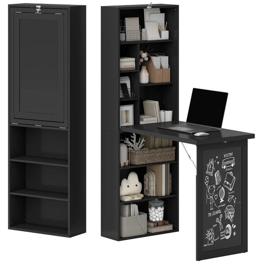 Old-out Convertible Home Office Desk, Wall Mount Computer Desk With Blackboard And Side Shelf, Black