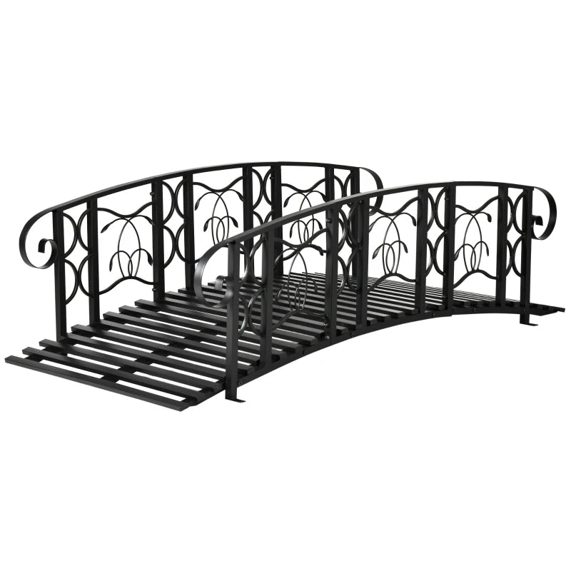 Metal Arch Garden Bridge With 660 Lbs. Weight Capacity, Safety Siderails, Vine Motifs, Easy Assembly For Creek, Stream, Pond, Black