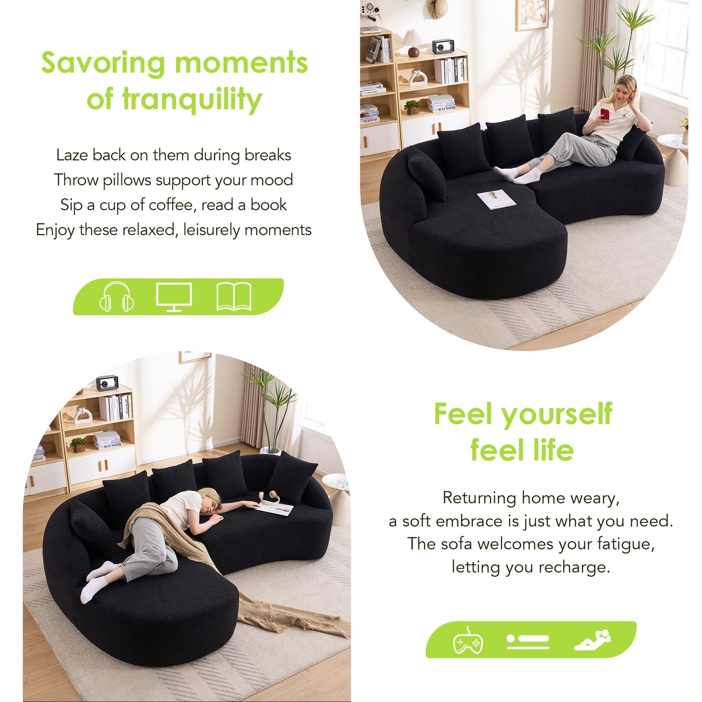 New Boneless L-Shape Sectional Sofa With Curved Chaise Black Modular Chenille Compression Couch 30D High-Density Foam Minimalist Modular Couches Sleeper For Living Room Bedroom Apartment Lounge.