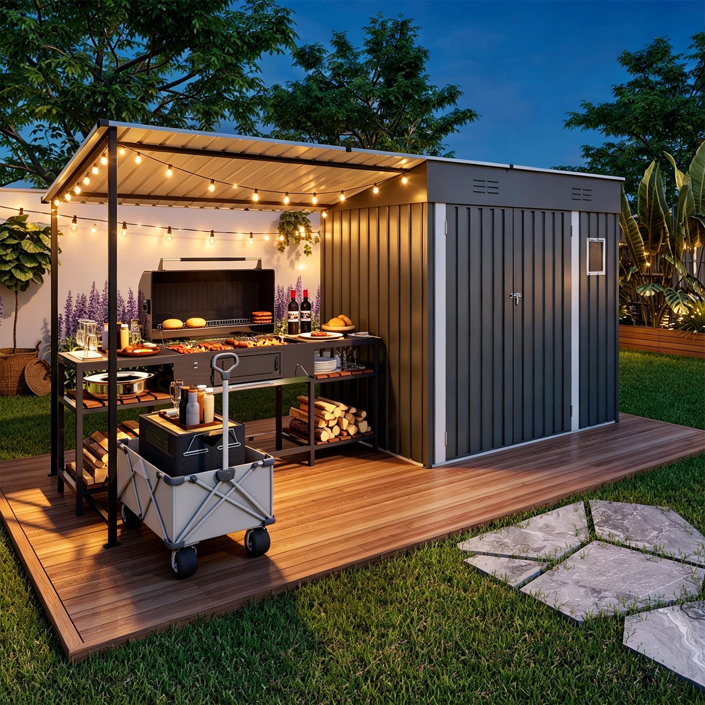 12x4ft Metal Lean To Shed With Open-Sided Pergola , 4'x6' Outdoor Storage Shed & 6'x4' Attached Hardtop Gazebo Combo, 2-in-1 Sheds & Outdoor Storage Tool Shed For Patio, Backyard,Garden