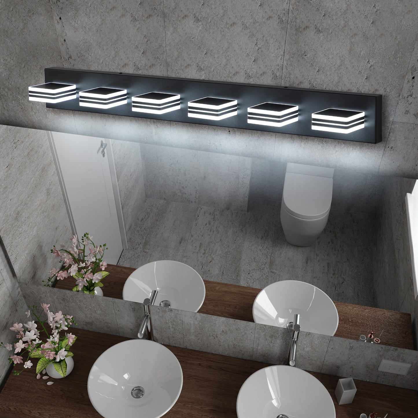 39in  Modern Black 6-Light LED Vanity Light, Square Acrylic Lampshades Wall Mount Fixture For Bathroom, Mirror Lighting