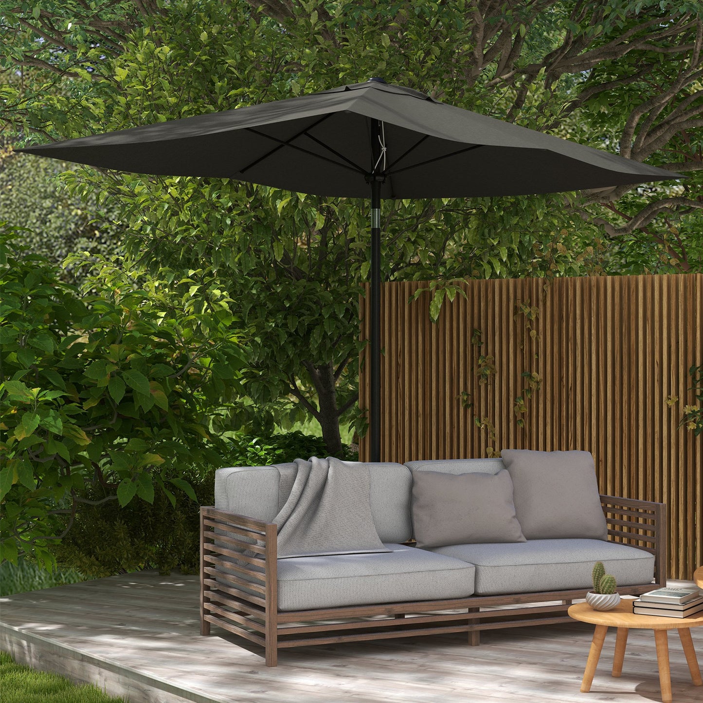 6.5' X 10' Rectangular Outdoor Patio Table Market Umbrella With Crank And Push Button Tilt, Dark Gray