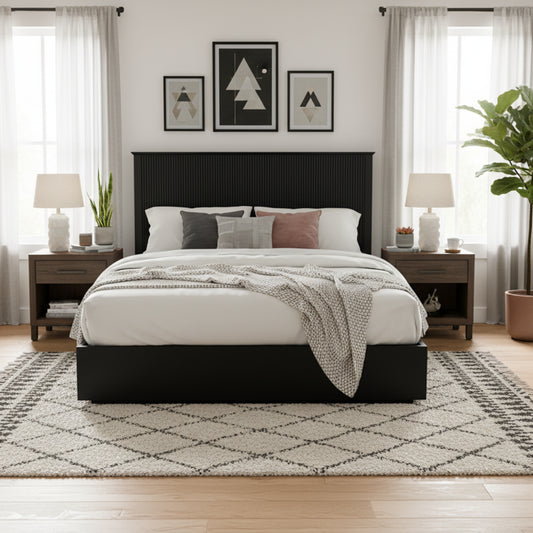 Stylish King Size Bed Frame - Black Solid Wood King Bed, 600lbs Weight Limit, Compatible With 8 - 10  Mattress, Contemporary Bedroom Furniture