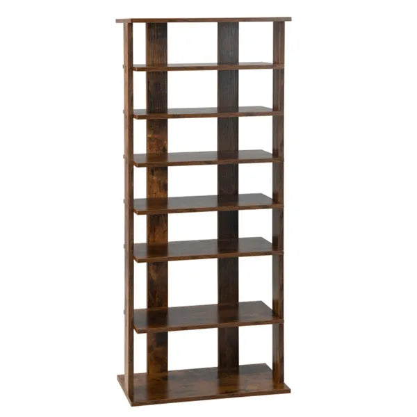7-Tier Double-Row Shoe Rack With Adjustable Shelves, Anti-Tipping Narrow Storage Rack For Entryway Closet-Rustic Brown