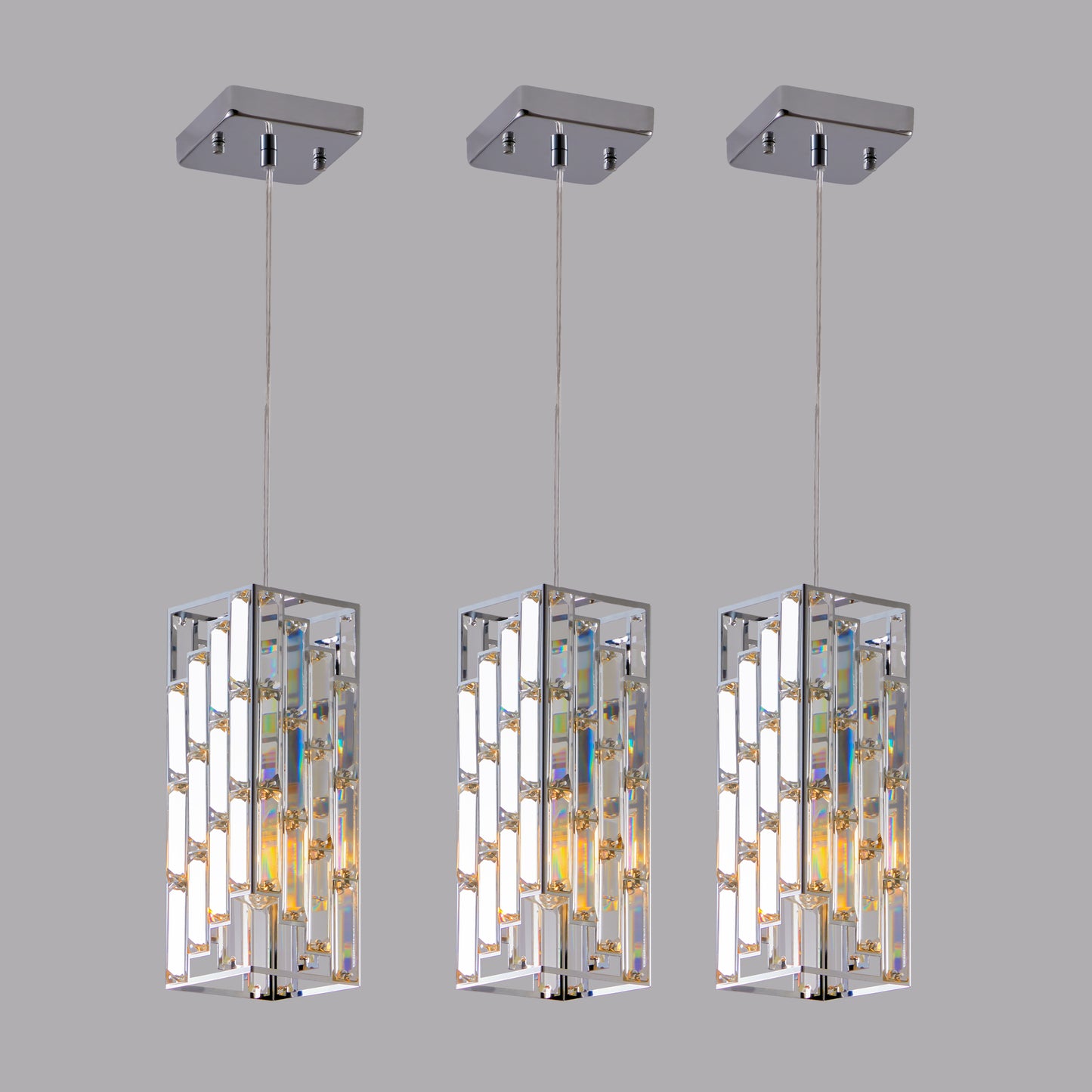 4in  Modern Crystal Pendant Light - 3 Pack, Adjustable Hanging Ceiling Lamp With Crystal Prism Design For Dining Room, Kitchen Island, And Living Room -Chrome Finish