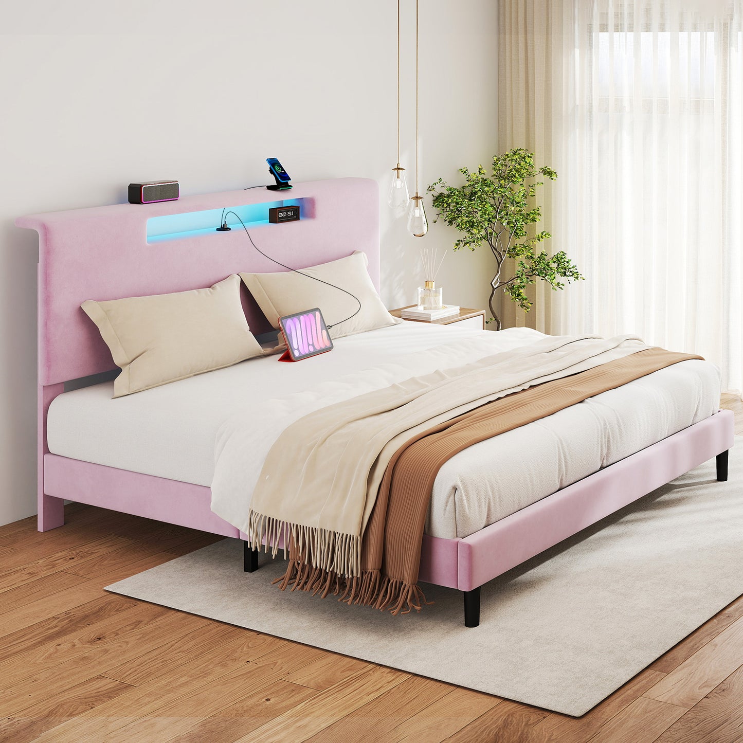 King Size Bed Frame With Charging Station And Adjustable LED Light Wood Slat Support Bed Frame With Upholstered Headboard No Box Spring Needed Easy Assembly