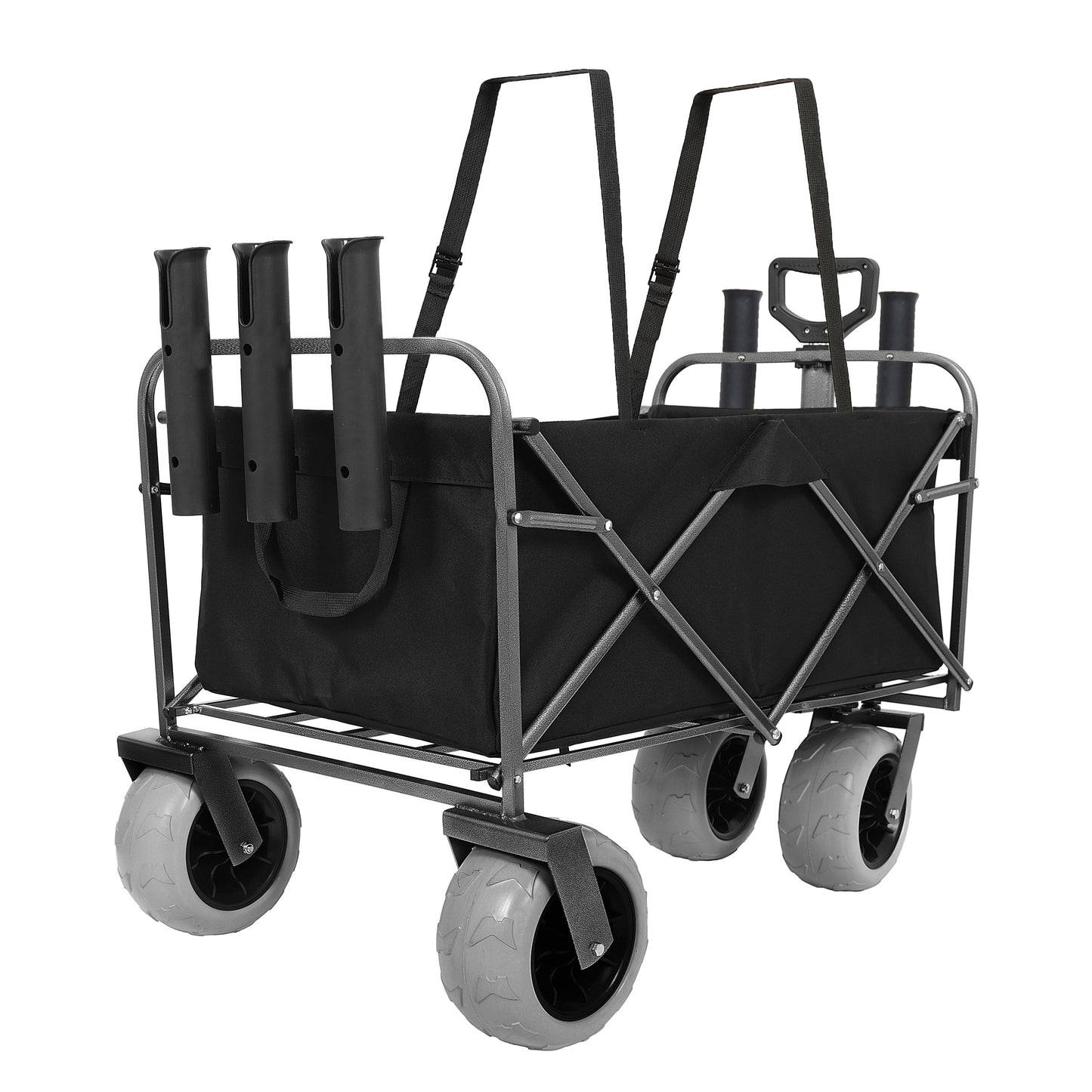 Fishing Cart With Rod Holders Beach Wagon With Big Wheels For Sand 500lbs Capacity -  All Terrain Steel Frame Utility Cart With 9  Pneumatic Tires Strap With Multiuse Bag Black