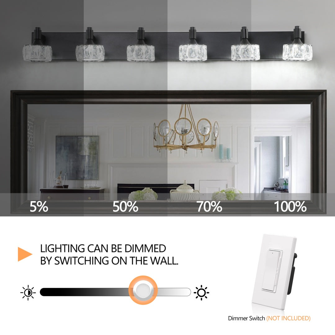 Modern 6-Light Matte Black LED Vanity Light Fixture With Crystal Glass Shades, Bathroom Wall Sconce For Elegant And Contemporary Home Decor
