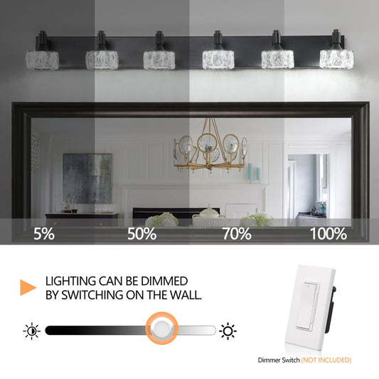 Modern 6-Light Matte Black LED Vanity Light Fixture With Crystal Glass Shades, Bathroom Wall Sconce For Elegant And Contemporary Home Decor