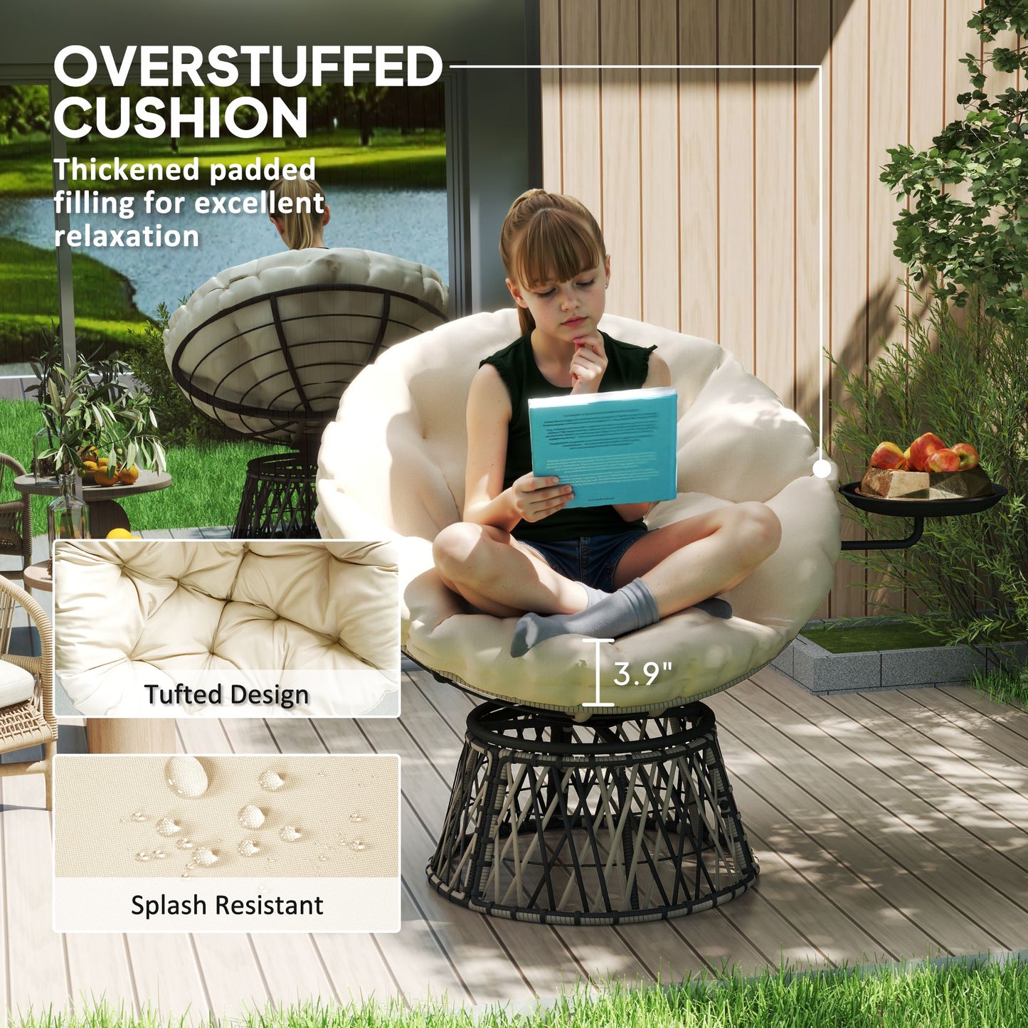 360 Swivel Outdoor Papasan Chair, 39 Overstuffed Circle Chair With Side Tray, Thick Cushion For Indoor Patio, Beige