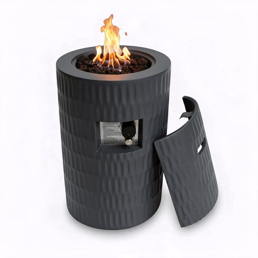26 Propane Fire Pit Outdoor Gas Patio Fire Pit 40000 BTU Cylindrical Concrete Fire Pit With Hidden 20lb Tank Storage,Modern Textured Fire Column,Includes Lava Rocks &Waterproof Cover  Dark Grey