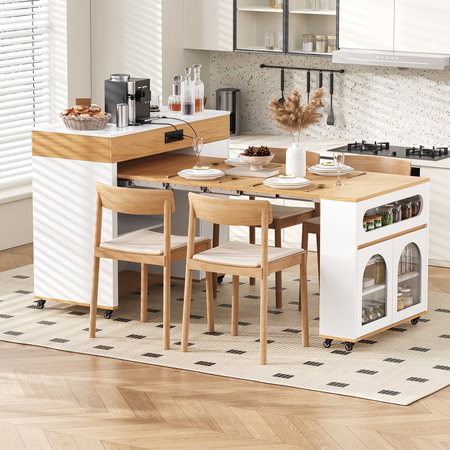 TREXM Extendable Dining Table With Extra-Long Folding Top  Rolling Kitchen Island With Drawers  Power Outlet And Brake Lock  Storage Cabinet For Kitchen And Dining Room  Natural   Creamy White
