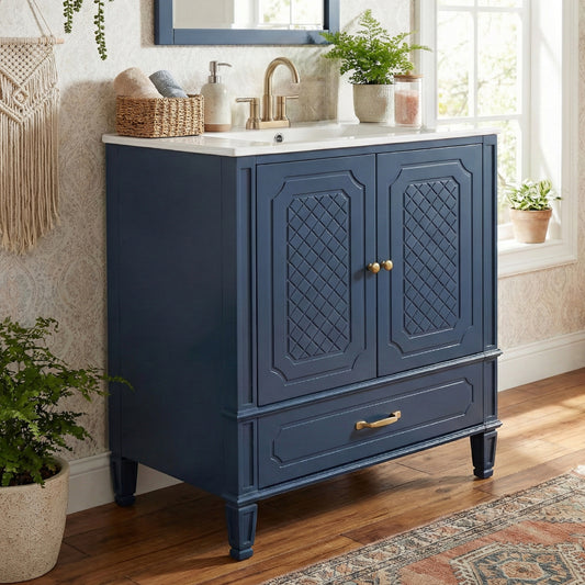 Video  30  Bathroom Vanity With Sink Vintage Style, Multi-functional Storage Space, Door Shelf, Soft-closing Door, Blue