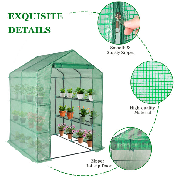 143x143x195cm Black Iron Pipe Steeple With 8 Pieces Grid Flower Stand With Zipper Rolling Door PE Cloth Greenhouse    SAME AS 54690859